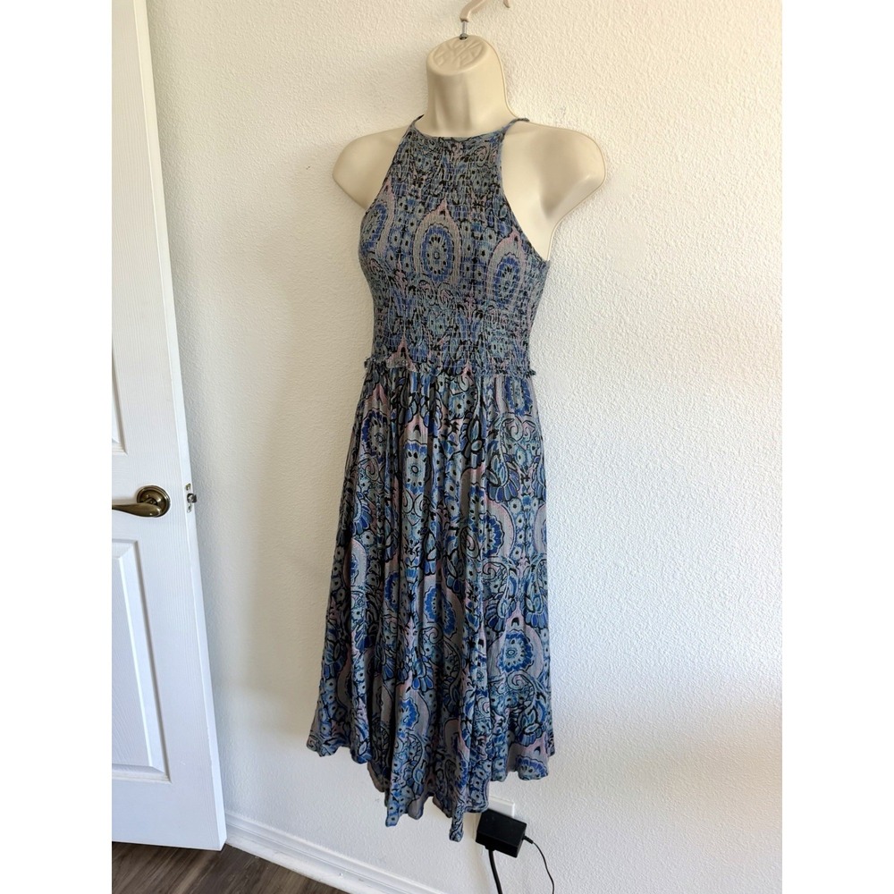 Free People Smocked Midi Dress Sz S Blue Paisley High Neck Sleeveless Boho Beach - Picture 4 of 12